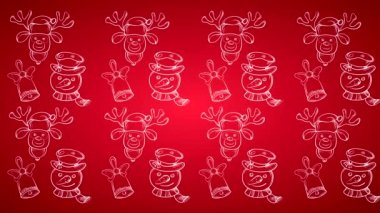 Kırmızı gradyan arkaplanda Noel karakterlerinin birleşik siluetlerini göster. El yapımı hareketli elementlerle soyut döngü animasyonu, çan, kardan adam ve geyik.