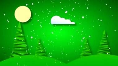 Boyalı köknar ağaçları ve bulutlu güneş ile soyut bir arka plan. Animasyon figürler olarak biçimlendirildi, kış manzarası yeşil tonlarda..