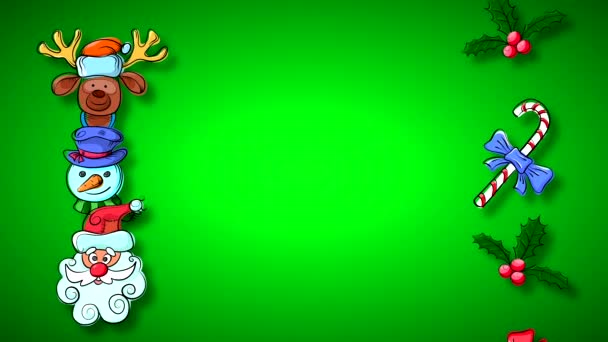 Gradyan yeşil arkaplan ve metin için boş alan üzerinde Noel karakterleri ile döngülenmiş soyut animasyon.