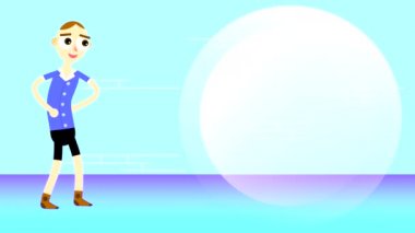 Mavi gömlekli bir karakterin çizilmiş animasyonu. Ek yazıtlar için fotokopi alanı olan renkli bir arkaplan üzerinde elleri var..