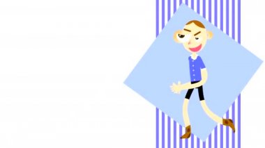 Büyük gözlü çizilmiş bir çocuk, geometrik şekilleri ve çizgileri olan beyaz bir arka planda yürüyor. Uzun bacaklı el çizimi bir karakter ile soyut canlandırılmış arkaplan.