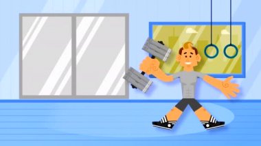 Büyük elleri olan bir adam spor salonuna gider, halterle kaslarını sallar. Çizilmiş ögeler ve karaktere yakın çekim ile döngülenmiş animasyon.