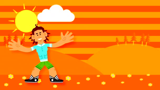 Man Jumps Grass Background Striped Orange Sky Clouds Sun Waving — Stock Video