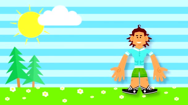 Man Stands Grass Background Striped Blue Sky Clouds Sun Surprised — Stock Video