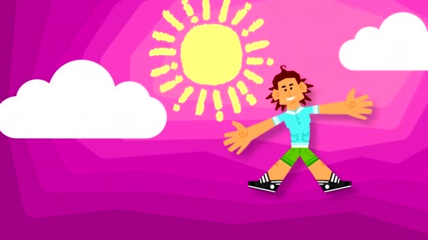 Man Flies Sky Clouds Sun Waving His Arms Legs Looped — Stock Video