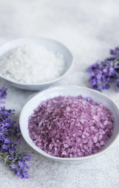Lavender spa. Essential  sea salt and fresh lavender. Natural herb cosmetic with lavender flowers