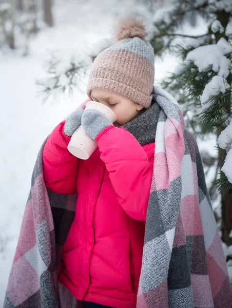 Little Girl Wrapped Blanket Drinking Tea Winter Forest — Stock Photo, Image