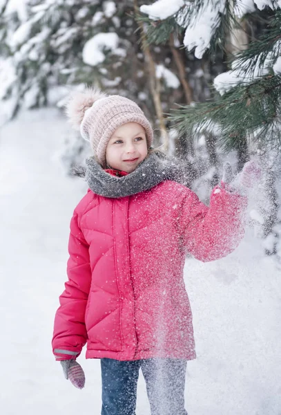 Little Girl Bright Jacket Plays Winter Snowy Forest — Stock Photo, Image