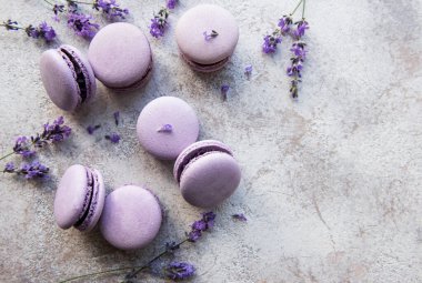 macarons lavanta lezzet ve taze lavanta çiçekleri ile Fransız 
