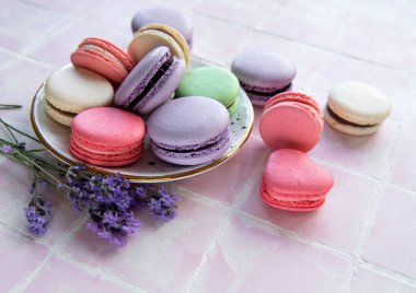 Farklı aromalı Fransız Makarnaları ve taze lavanta çiçekleri 