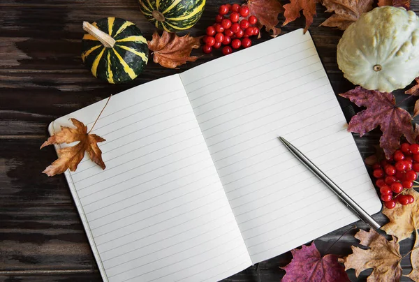 Sonbahar kompozisyonu. Ahşap arka planda defter olan balkabakları ve yapraklar. Sonbahar konsepti. Sonbahar arkaplanı. Düz konum, üst görünüm, kopyalama alanı