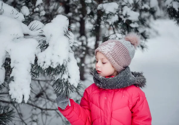 Little Girl Bright Jacket Plays Winter Snowy Forest — Stock Photo, Image