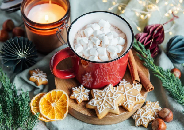 Gemütliche Winter Und Weihnachtsstimmung Mit Heißem Kakao Und Hausgemachten Plätzchen — Stockfoto