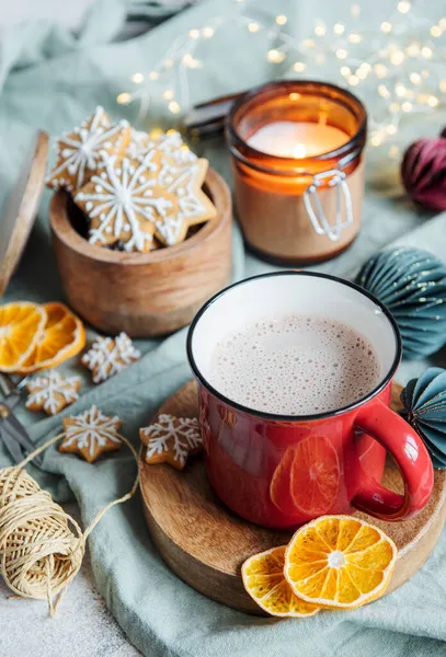 Cozy Winter Christmas Setting Hot Cocoa Homemade Cookies — Stock Photo, Image