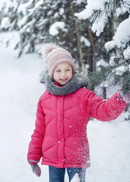 Little Girl Bright Jacket Plays Winter Snowy Forest — Stock Photo, Image