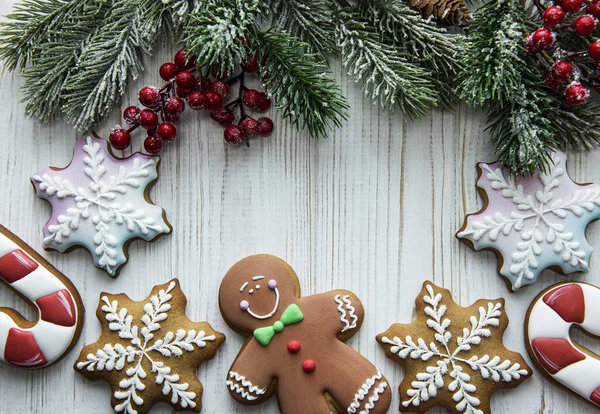 Χριστουγεννιάτικο Υπόβαθρο Σπιτικά Μπισκότα Μελόψωμο Συνορεύουν Αντίγραφο Χώρου — Φωτογραφία Αρχείου