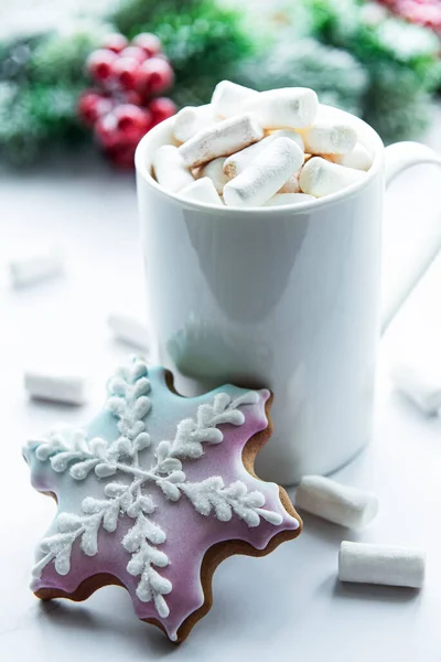 Cacao Noël Biscuits Pain Épice Décorations Fond Bois Blanc — Photo