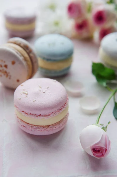 Beautiful colorful tasty macaroons on a pink tile background — Stock Photo, Image