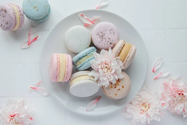 Beaux Macarons Colorés Savoureux Fleurs Blanches Sur Fond Tuiles Blanches — Photo
