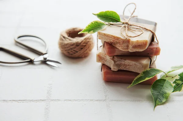Assorted Handmade Soap Bars Green Leaves — Stock Photo, Image
