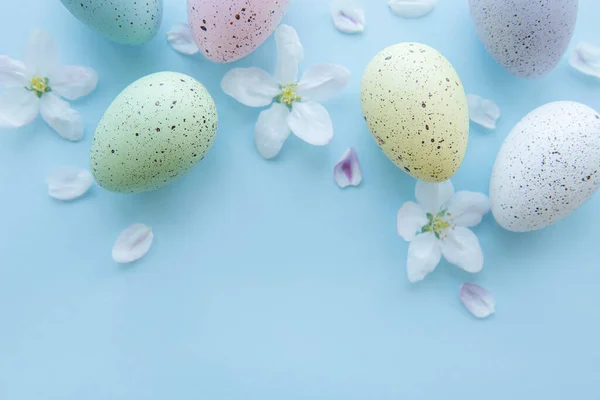 Toppsikt Fargerike Østlig Egg Blå Bakgrunn – stockfoto