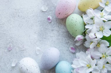 Beton zeminde renkli paskalya yumurtaları ve bahar çiçeklerinin üst görüntüsü