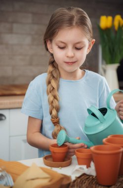 Evdeki masada oturan küçük kız, saksılara tohum ekiyor. Evde bahçe işleri. 