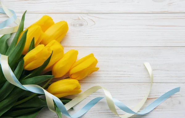 Delicate Yellow Tulips White Wooden Background Top View Space Text —  Fotos de Stock