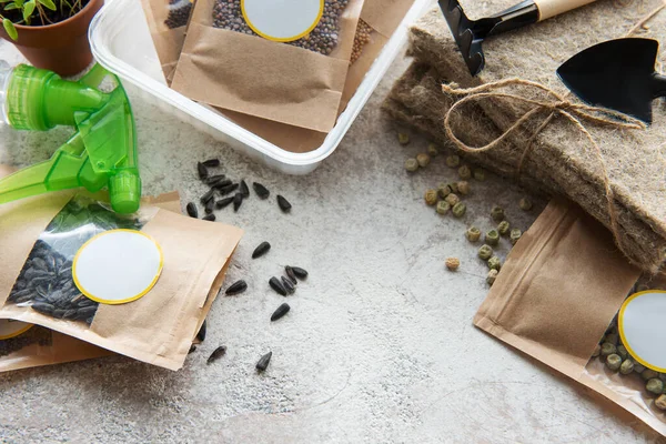Microgreen Seeds Paper Bags Microgreen Sowing Equipment Table Healthy Food — kuvapankkivalokuva