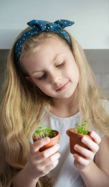 Little Girl Her Kitchen Sitting Holding Pot Seedlings — Stock Photo, Image