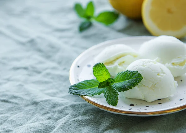 Homemade Citrus Lemon Ice Cream Mint Plate — Stock Photo, Image