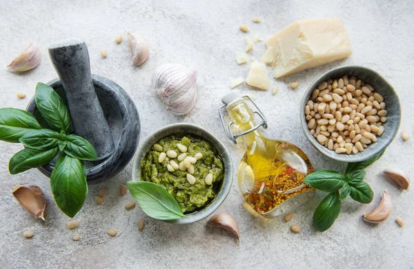 Salsa Pesto Fresca Pesto Basilico Verde Ingrediente Salsa Pesto Basilico — Foto Stock