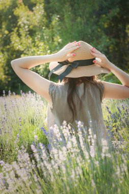 Lavanta tarlasında güzel bir genç kadın. Gün batımı. Açık havada çekici genç bir bayan..