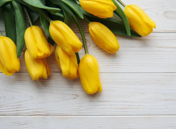 Delicate Yellow Tulips White Wooden Background Top View Space Text — Photo