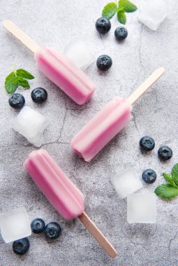 Ice cream popsicles from fresh organic blueberries. Summer sweets and desserts. Vegan food.