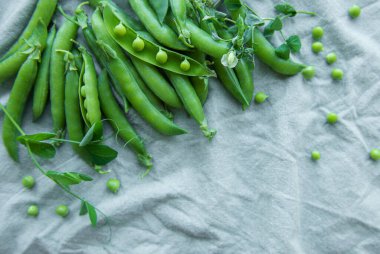 Young fresh juicy pods of green peas on a green textile background. Healthy organic food. 