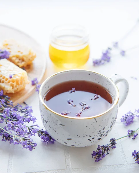 Lavender Tea Cup Jar Honey Lavender Flowers — Stock Fotó