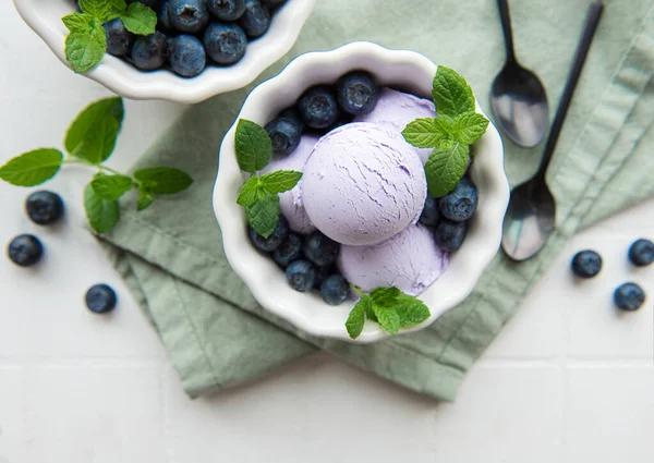 Homemade Blueberry Ice Cream Fresh Blueberries Sweet Berry Summer Dessert — Foto de Stock