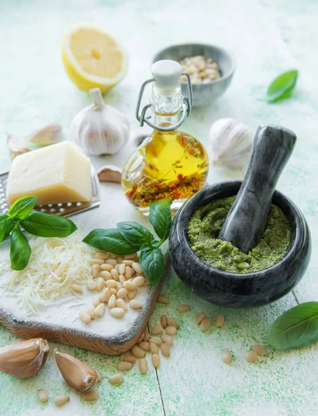 Salsa Pesto Fresca Pesto Basilico Verde Ingrediente Salsa Pesto Basilico — Foto Stock