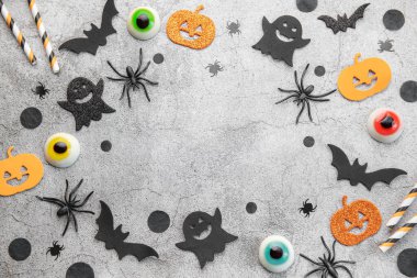 Halloween holiday background with  decorations. View from above. Flat lay