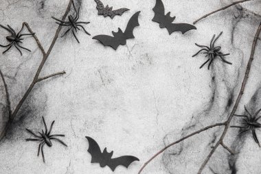 Halloween holiday background with  decorations.  Halloween background with spider web and spiders as symbols of Halloween. View from above. Flat lay