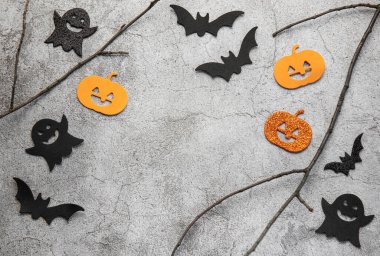 Halloween holiday background with  decorations. View from above. Flat lay