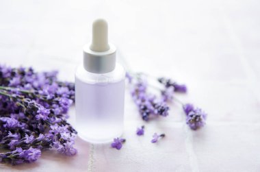 Spa products and lavender flowers.  Aromatherapy lavender bath salt and massage oil