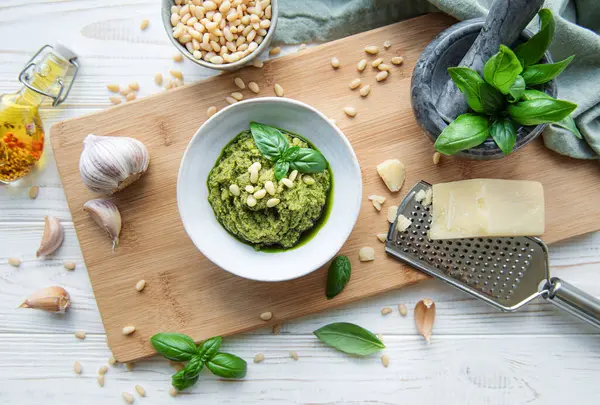 Fresh Made Pesto Sauce Green Basil Pesto Ingredient Pesto Sauce — Stock Photo, Image