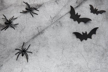 Halloween holiday background with  decorations.  Halloween background with spider web and spiders as symbols of Halloween. View from above. Flat lay