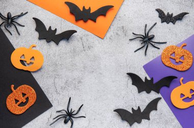 Halloween holiday background with  decorations. View from above. Flat lay