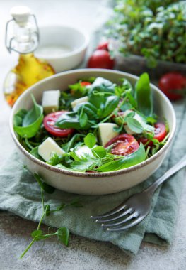 Fresh summer salad with arugula,  red cherry tomatoes, basil  and mozzarella