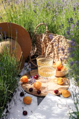 Lavanta tarlasında yaz pikniği şampanya bardakları, kayısılar ve kiraz meyveleriyle