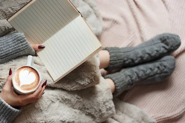 Cozy Home Woman Covered Warm Blanket Drinks Coffee Reeds Book — Stock Photo, Image