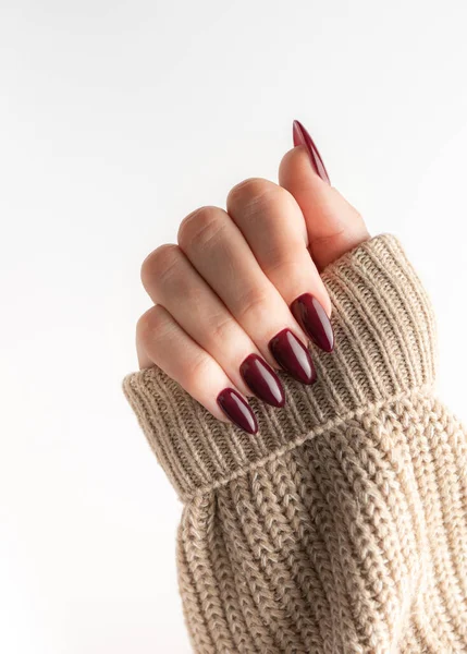 Belas Mãos Uma Jovem Mulher Com Manicure Vermelho Escuro Pregos — Fotografia de Stock
